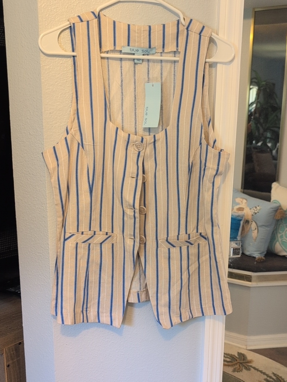 Blue Sol Striped Sleeveless Vest - Beige with Blue Stripes Brand New